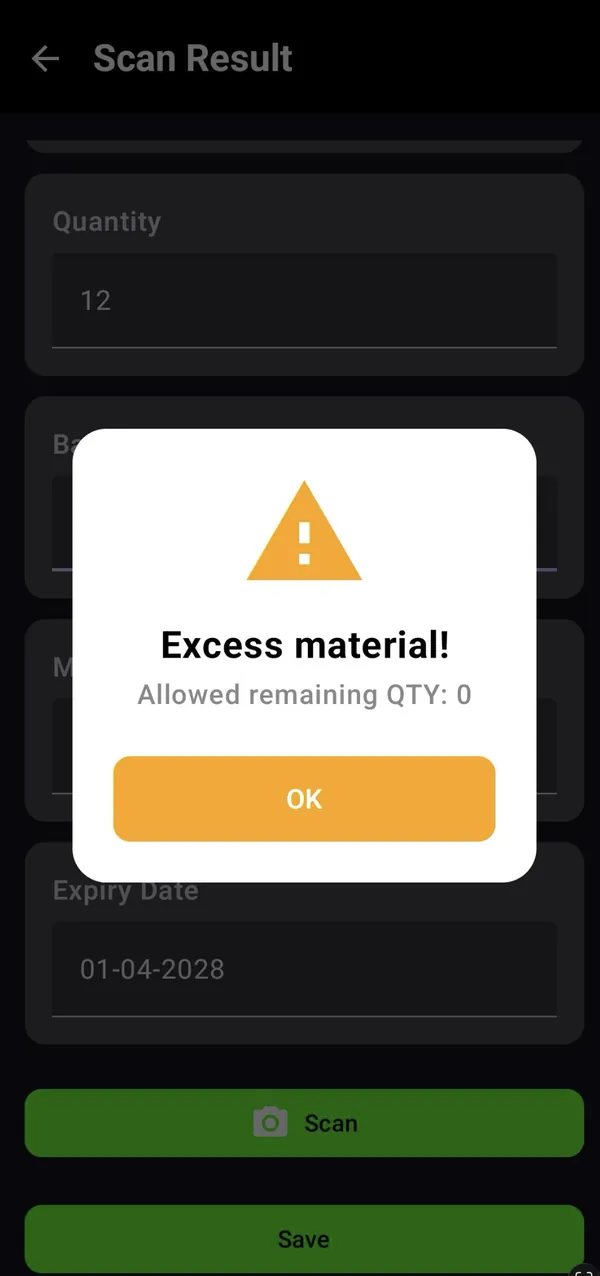 Excess material alert: allowed remaining quantity 0
