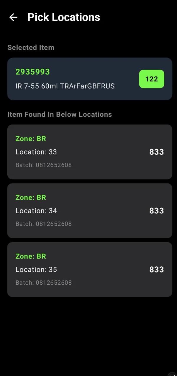 Pick locations: the item is found in zone BR, locations 33, 34 and 35
