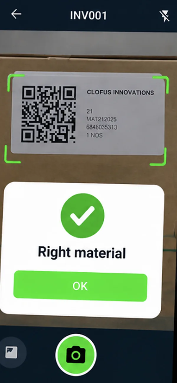 QR label scan at invoice INV001: right material confirmed