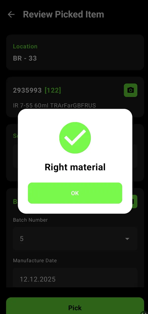 Review picked item: right material confirmed at location BR-33