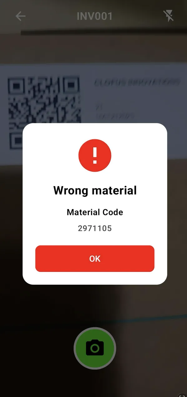 Wrong material alert for material code 2971105