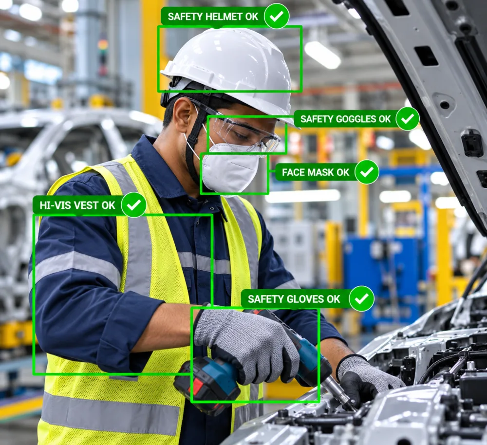 AI Worker Monitor checking a factory worker's safety helmet, goggles, face mask, hi-vis vest and gloves